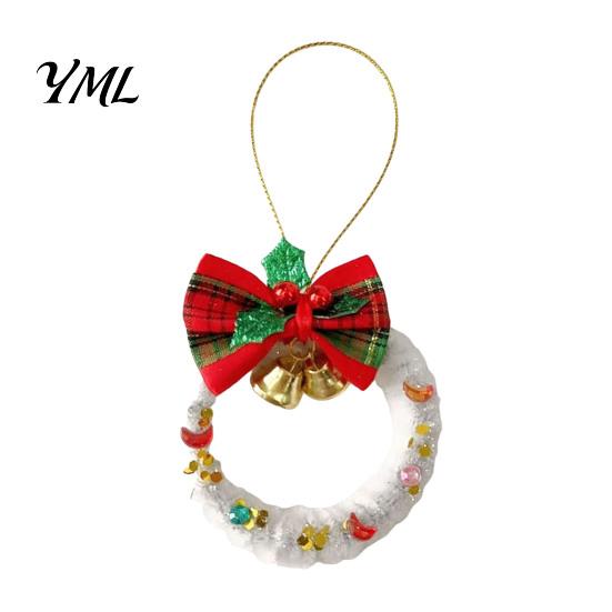 Xmas Gift Wrapping Accessories Mini Christmas Wreath Ornament, Hanging Decoration with Plaid Bow And Decorative Bells for Holiday Season Metal Bells,