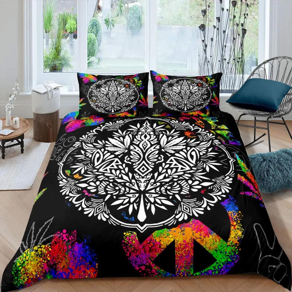 Boho Hippie Psychedelic Flowers Duvet Cover Colorful Peace Sign Bedding for Boys Girls Women Bedroom Decorative Rainbow Tie Dye