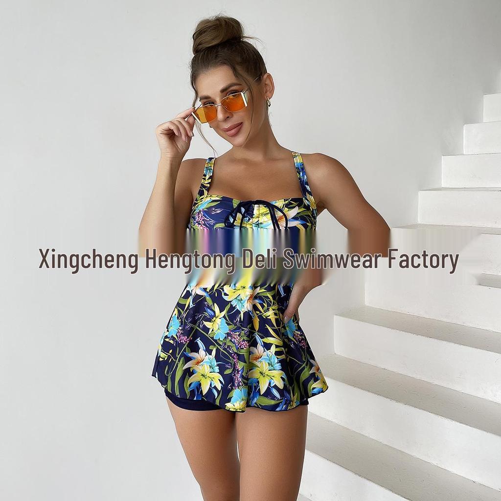 New Women's Plus Size Print Skirted Bikini - European & American Style - Backless Flat-Leg Design