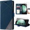 Case for Samsung Galaxy S23 FE - BOOLING - Shockproof In Retro PU Leather - Navy Blue - 2 Tempered Glasses