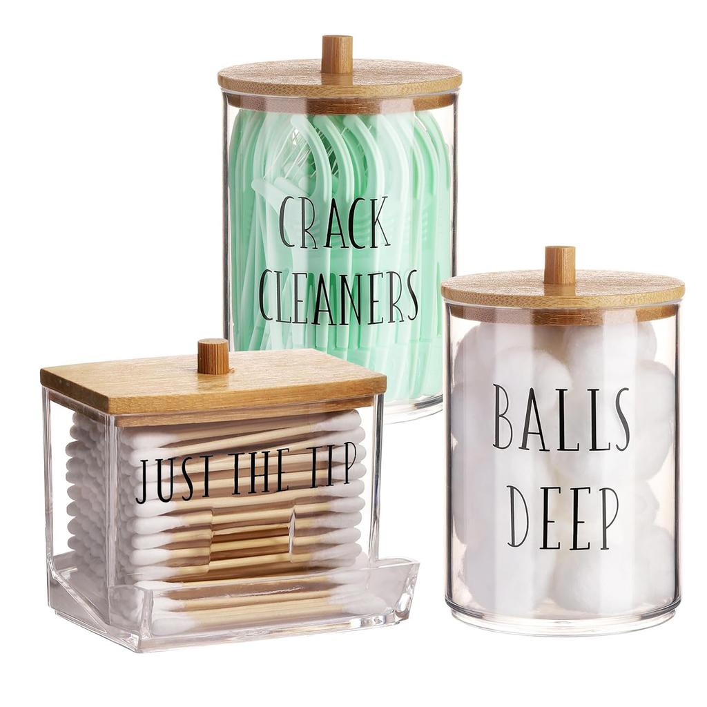 3pcs/set Cotton Swab Holder and Cotton Round Pad Dispenser with Bamboo Lid Clear Acrylic Containers for Cotton Swab/ball
