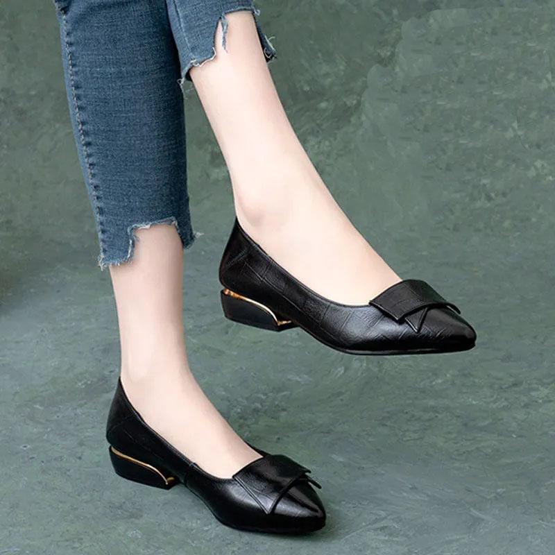 Толстые туфли, женские летне-осенние туфли из заостренной кожи на низком каблуке с неглубоким носком, красные универсальные женские туфли из мягкой кожи с низким берцем