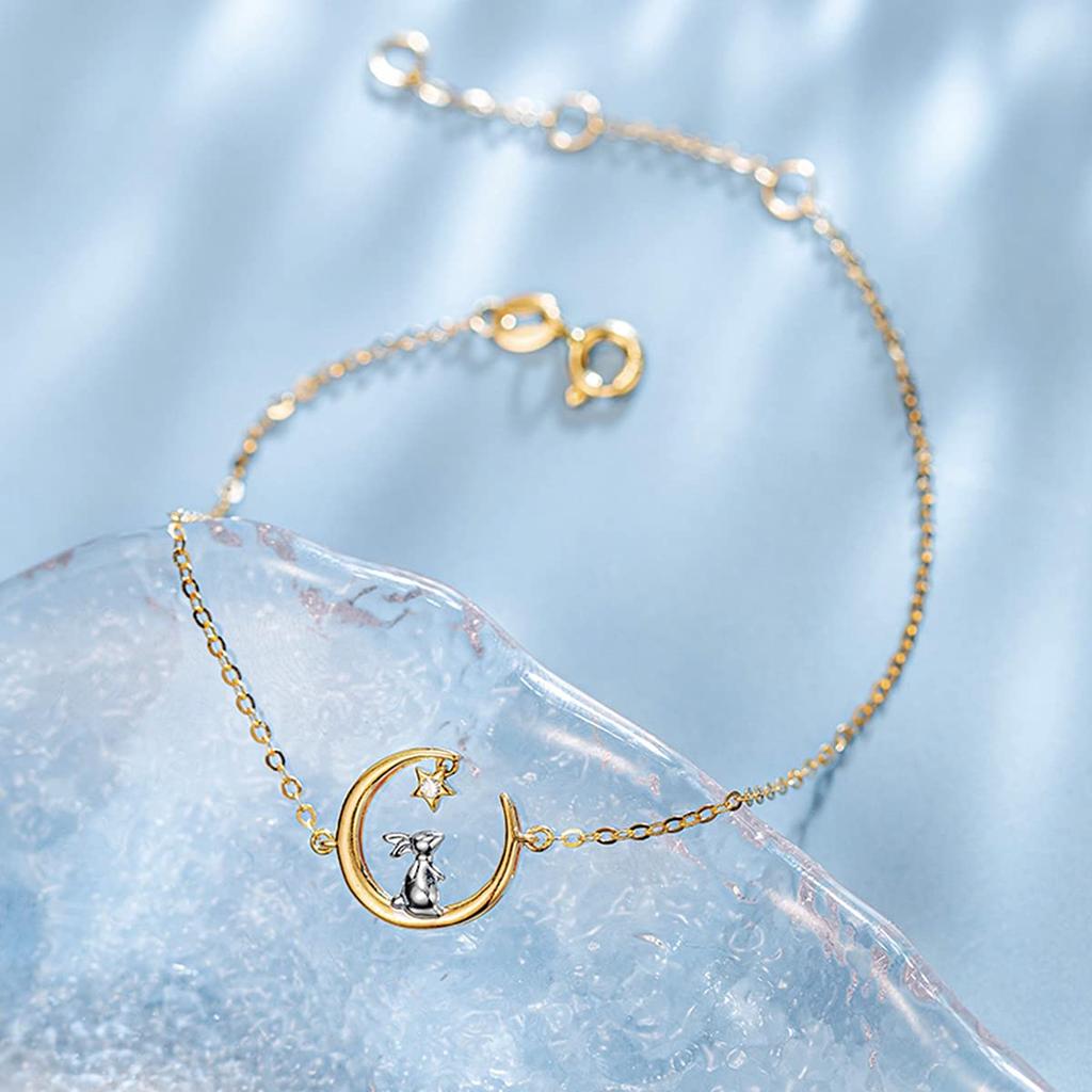 FANCIME K18 Gold Diamond Bracelet Crescent Moon Star Moon Viewing Rabbit 18K Gold Birthday Anniversary Day Christmas Present Gift Wrapped Women's