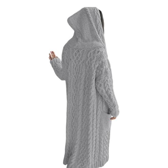 Женская кофта-свитер с карманами средней длины с капюшоном трикотажная скрученная текстура однотонная