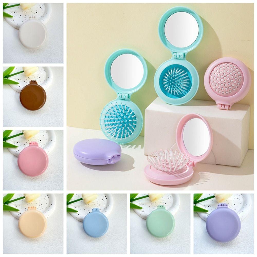 4Pcs Mini Folding Air Bag Comb Dual Use Pocket Hair Brush Makeup Mirror with Comb  Girl Women