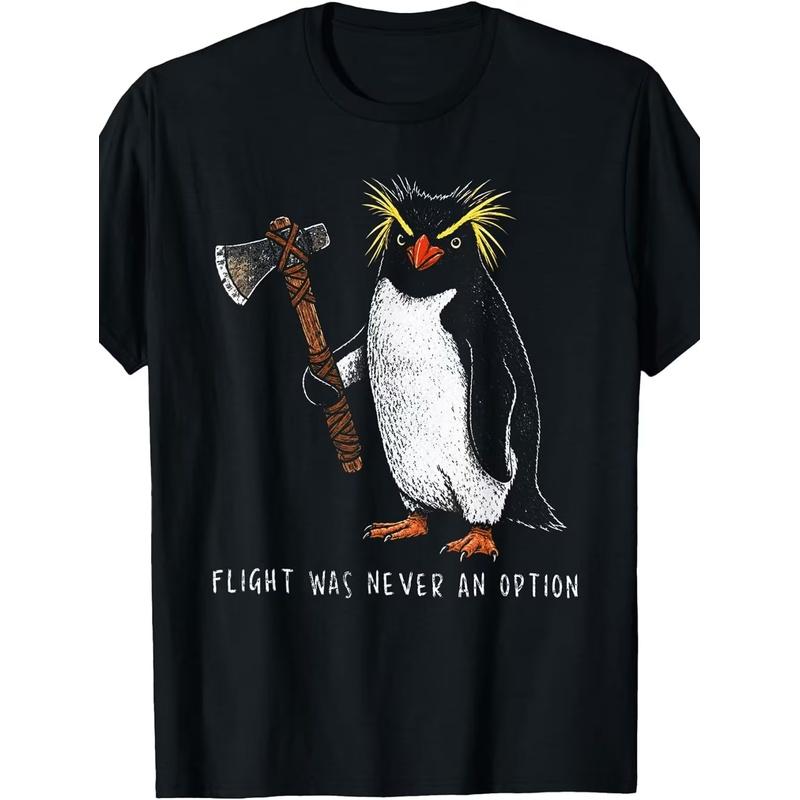 Funny Rockhopper Penguin Knife Meme T-Shirt - "Flight Was Never an Option" Graphic Tee with Penguin Print, Loose Fit Crew Neck Shirt Suitable for