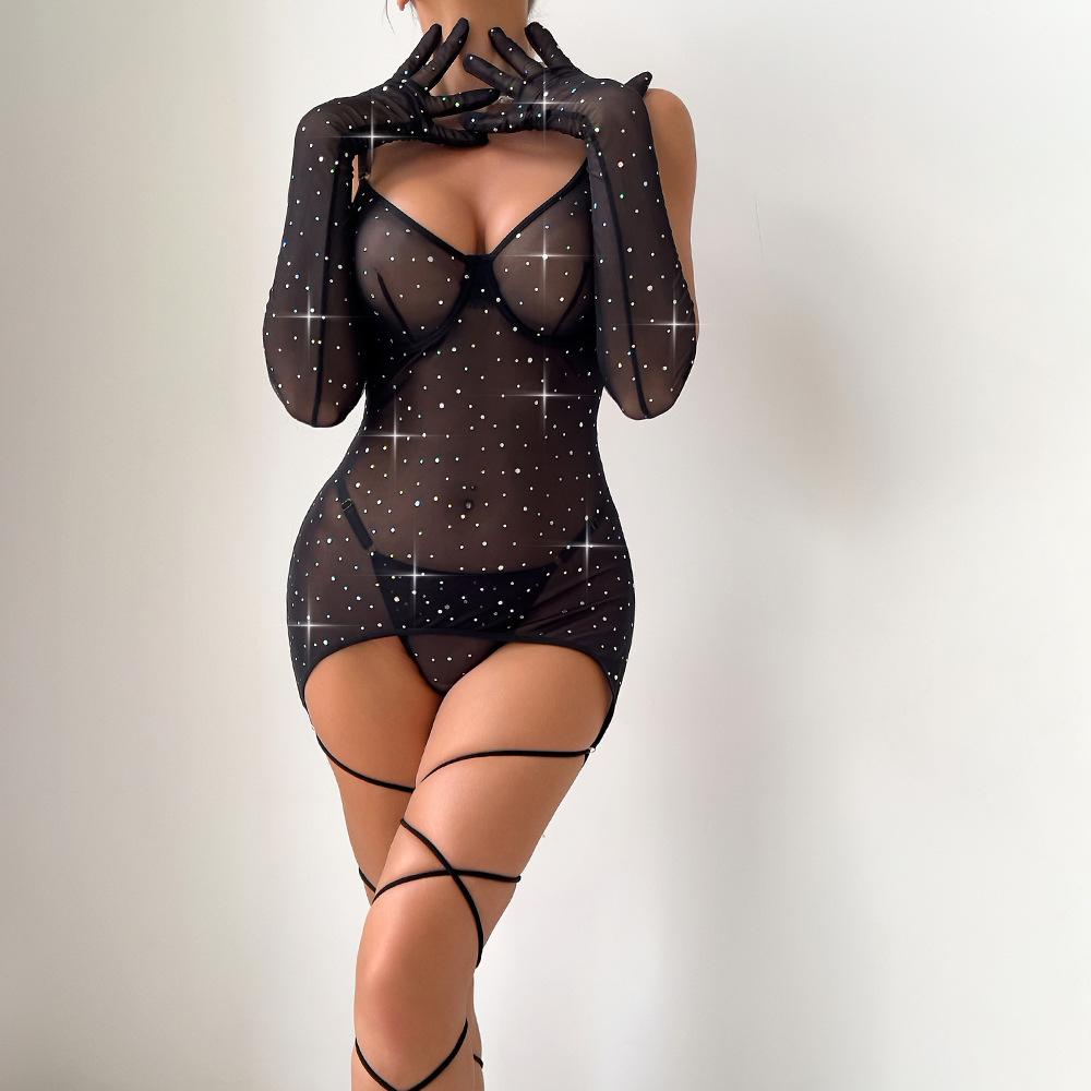 SINGREINY Polka Dot Print Underwear 3pcs Suits Fashion Strap Backless Club Shiny Sexy Suits Erotic Mesh Sheer Lingerie Sets