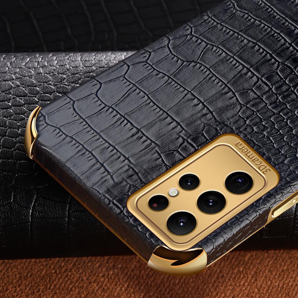For Samsung Galaxy S24 Ultra Cell Phone Case Electroplated TPU+PU Crocodile Texture Back Cover
