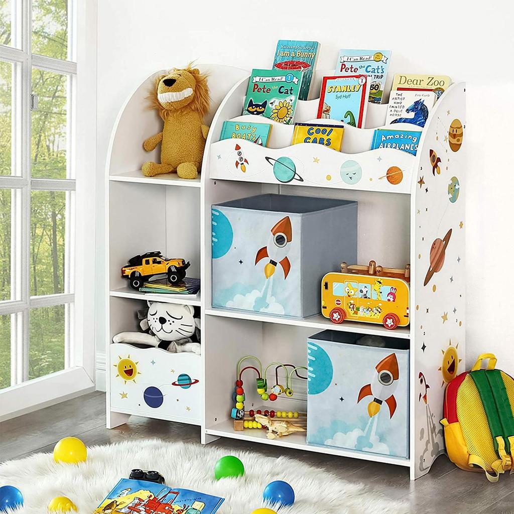 SONGMICS Toy and Book Organiser for Kids, Multi-Functional Storage Unit with 2 Storage Boxes, High Capacity, Universal Theme, for Playroom, Bedroom