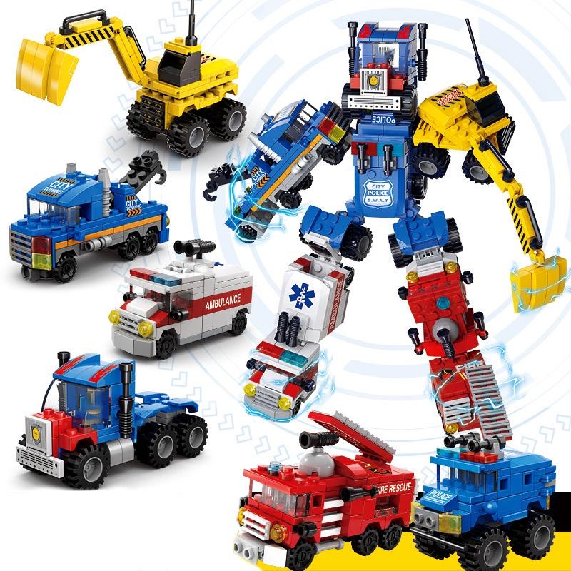 482 шт. 6 в 1, трансформирующий городской автомобиль, технические машины скорой помощи, пожарные полицейские грузовики, модели строительных блоков, кирпич, креативные игрушки, идеи