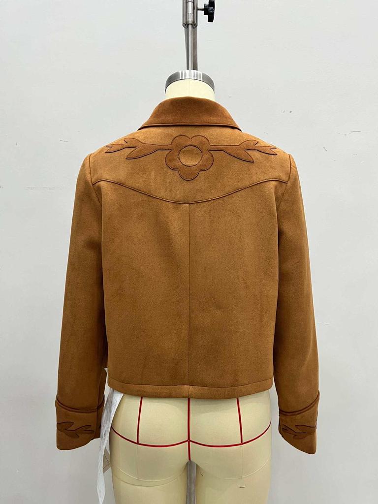 Ретро Элегантный Замшевый Короткий Жакет с Лацканами, Украшенный Цветами