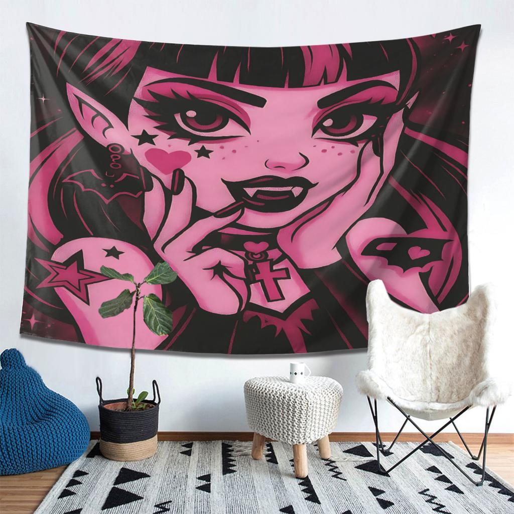 VIKAMA Dark Gothic Girl Tapestry Sweet Cool Manga Style Home Decoration Interior Atmosphere Wall Hanging Art