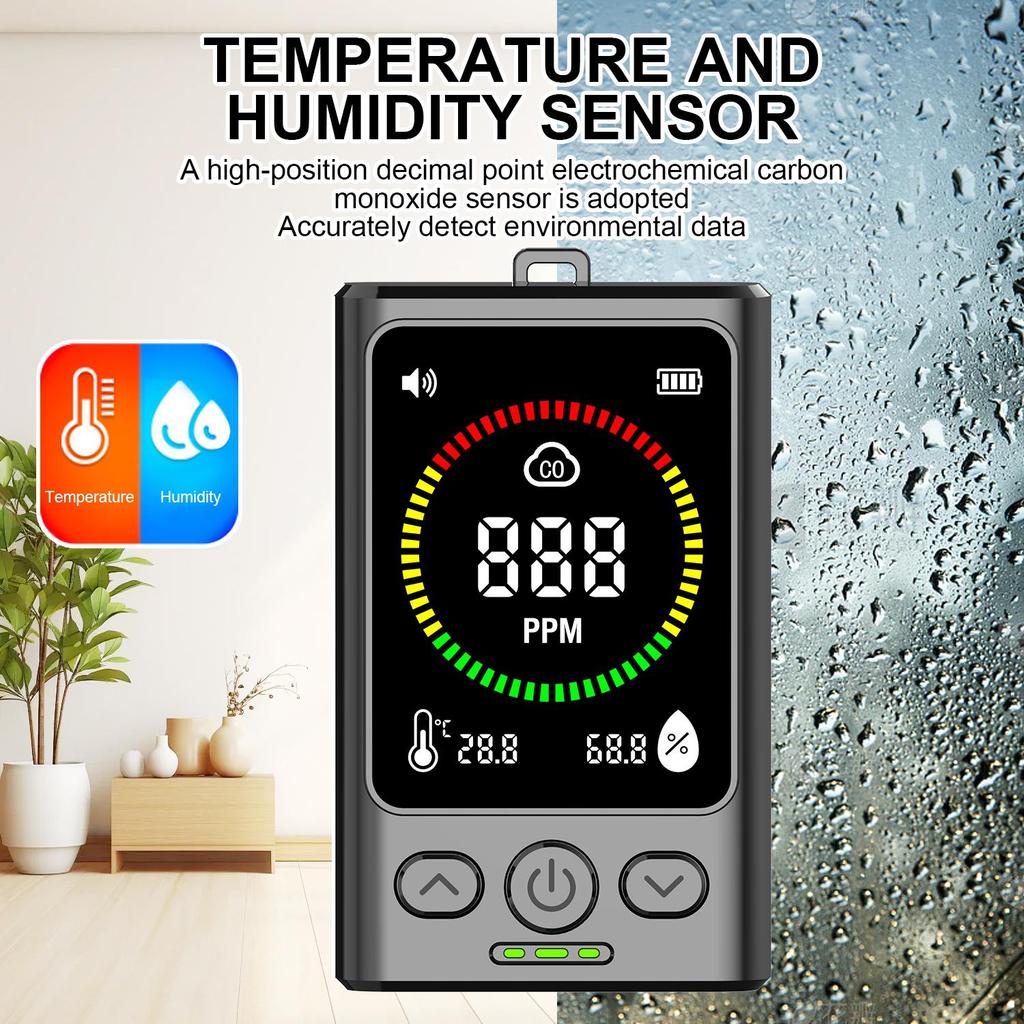 GC300 Digital Carbon Monoxide Detector CO Alarm With Temperature Humidity Sensor LCD Display Rechargeable Air Quality Monitor