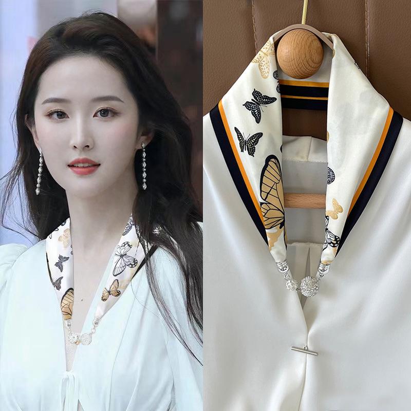 Женский шелковый шарф с магнитной пряжкой — модная защита шеи на весну, лето и осень 2024 года