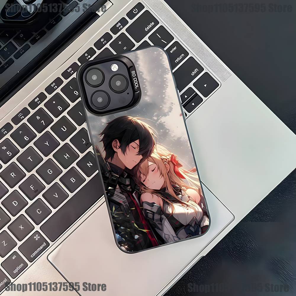 Чехол для телефона с Асуной и Кирито из аниме для iPhone 17,16,15,14,13,12,11,Pro,XS,Max,Plus,Mini,SE4,E Черный матовый противоударный чехол