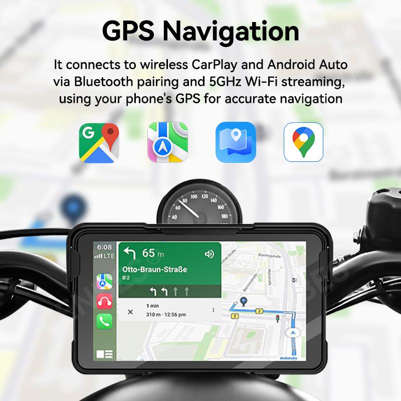 VENBES  Motorcycle Carplay 5 Inch GPS Navigation Wireless Android Auto Carplay Type-C Bluetooth Waterproof Easy to Remove BT