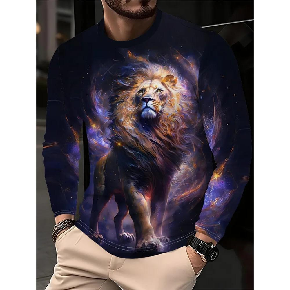 Spring Autumn Fashion Comfortable Loose Soft Casual Versatile Round Neck Long Sleeve T-shirt Creative Animal 3D Printed Men's T-shirt