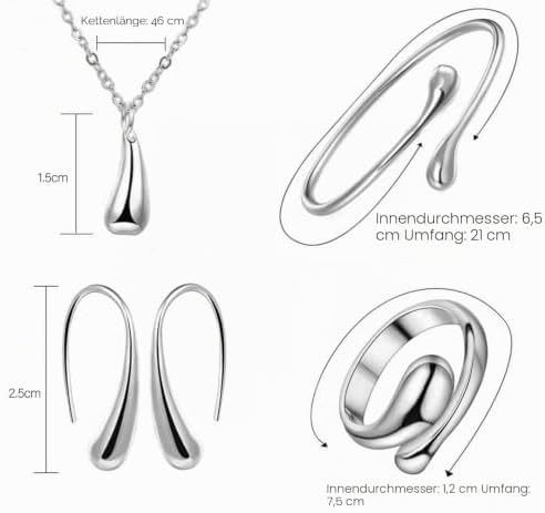 Women's Water Drop Jewelry Set 4 Pieces Silver Gold Teardrop Pendant Necklace Earrings Bracelet Rings for Women Girls