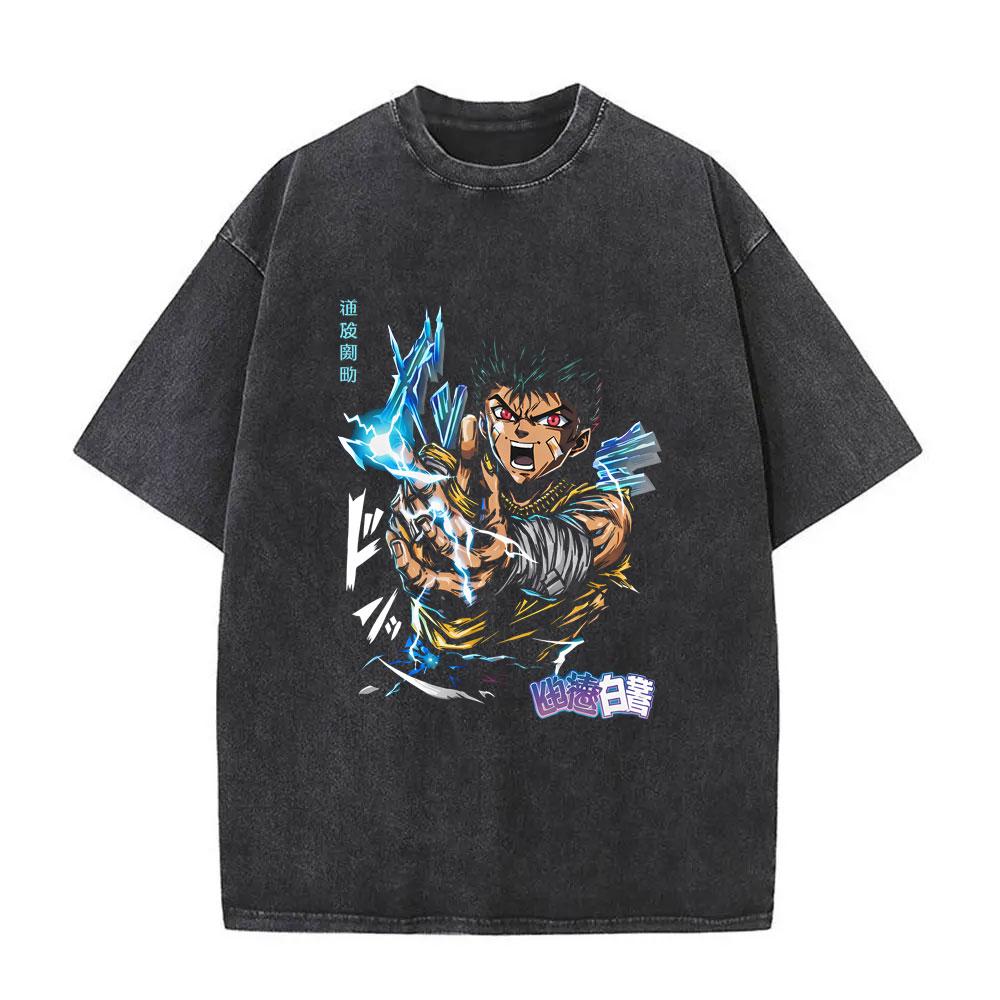 Аниме YuYu Hakusho Винтажная стираная футболка Мужская Женская Одежда Мультяшная Оверсайз Футболка Мужская Хип-Хоп Ретро Футболки Уличная одежда