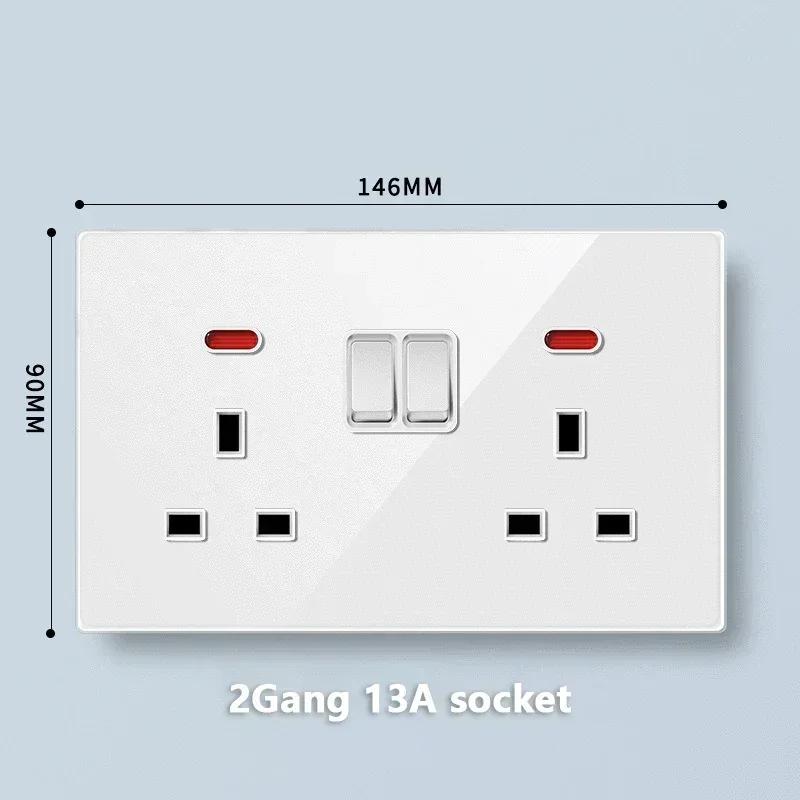 Universal Tempered Glass 20W Quick Charge USB Type-c Wall Dual 3pin Socket panel,UK 13A Wall 220V 2Way Light Switch Power Outlet