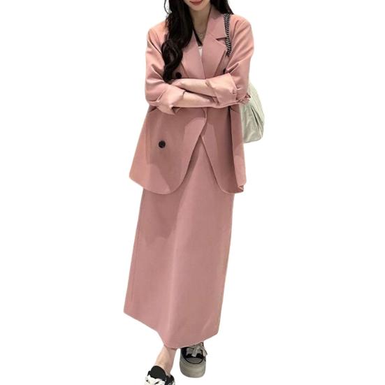 Женский костюм из 2 предметов, пальто, юбка, двубортный пиджак с длинными рукавами и лацканами, средней длины, свободная юбка с высокой талией, формальный деловой стиль, наряд