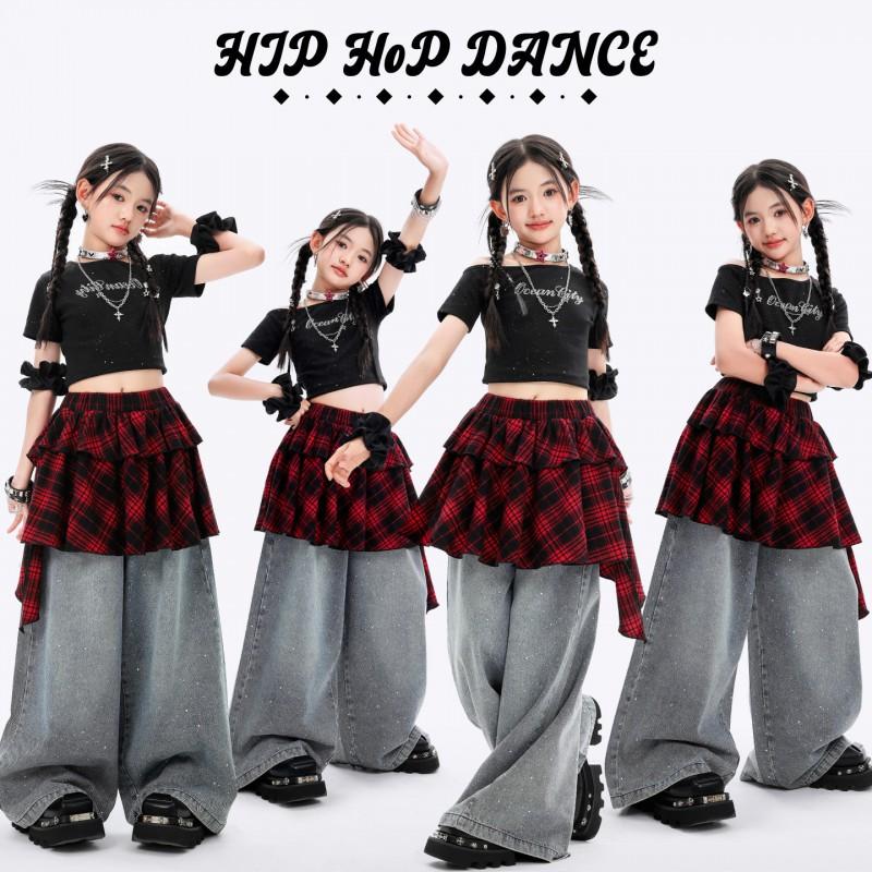 Girls Hip Hop Jazz Dance Outfit Set Short Sleeve Top Rhinestone Denim Pants Stage Performance