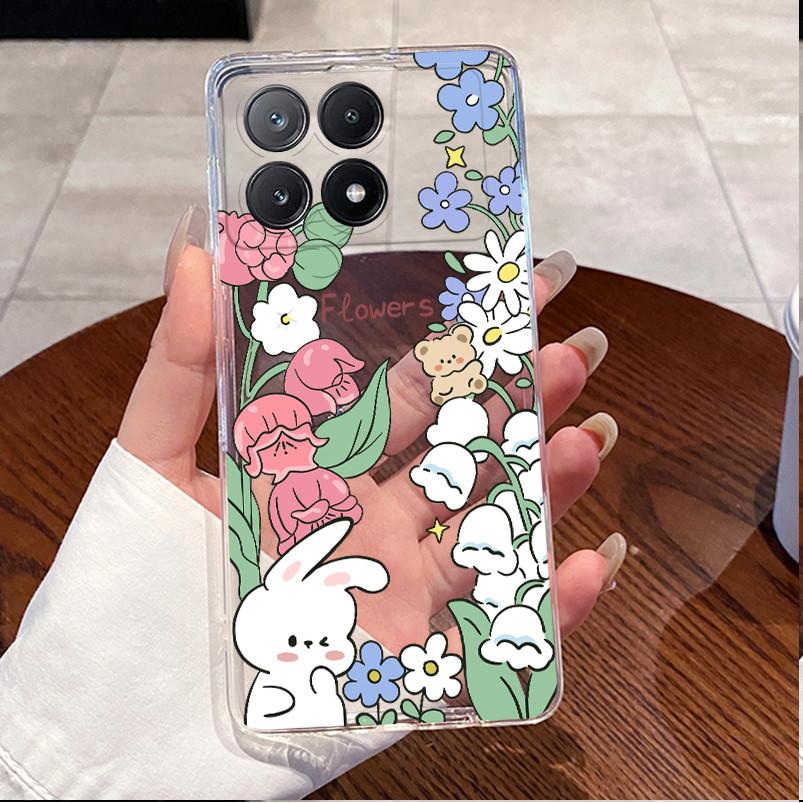 Чехол для Poco X6 Pro 5G/Poco X6 5G Прозрачный Роскошный Милый Кролик с Сердечками Забавный Мягкий Силиконовый Чехол для Телефона PocoX6 X6Pro Прозрачная Задняя Крышка