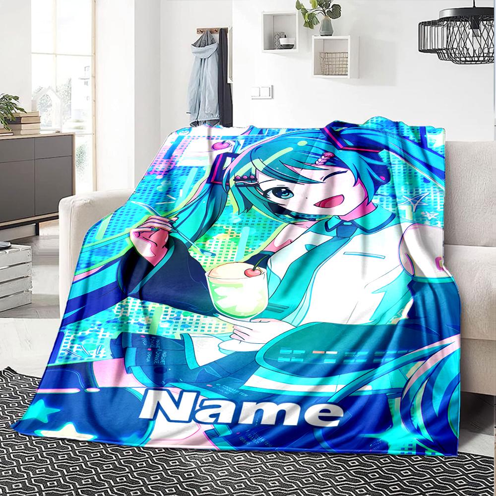 Custom Name Hatsune Miku Theme Printed Blanket - Perfect for Couch, Bed, Travel & Outdoor Use | Machine Washable, Cozy & Durable.