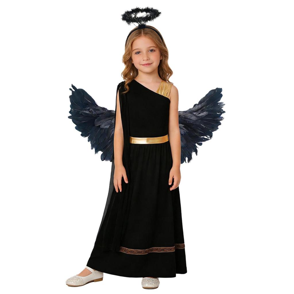 Girls 3 Pieces Greek God Roman Costume Outfit Metallic Gloss Patchwork Sleeveless Dress with Feather Angel Wings and Hair Hoop Cosplay Stage