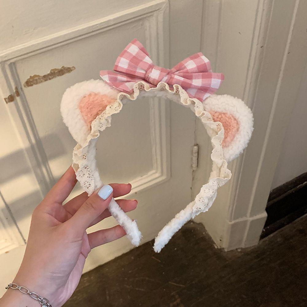 Plush Headdress Wash Face Plaid Bow Women Accessories Korea Style Headband Cat Ears Lace Hair Band