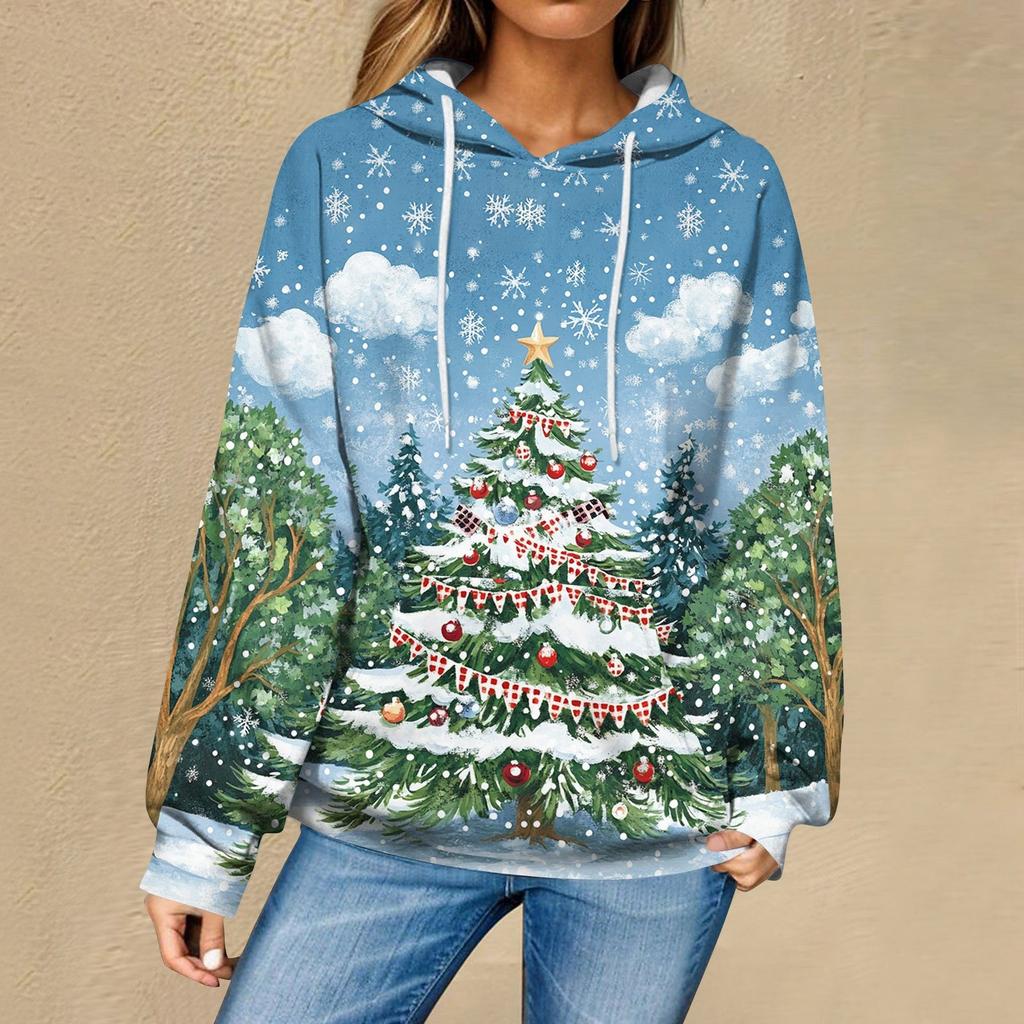 Женская повседневная мода рождественский принт длинный рукав пуловер толстовки с капюшоном свитшоты