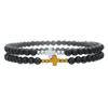 Natural Hematite Cross Beaded Men Bracelet Set Black Onyx Metal Strings Brass Meditation Biker Cool Armband Accessories Pulsera