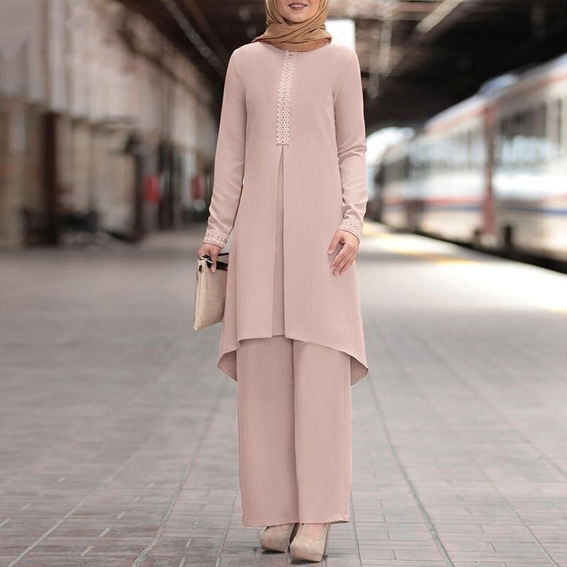 2024 Elegant Middle Eastern Muslim Women's Lace Suit with Long Sleeve Top and Wide Leg Pants for Spring and Autumn