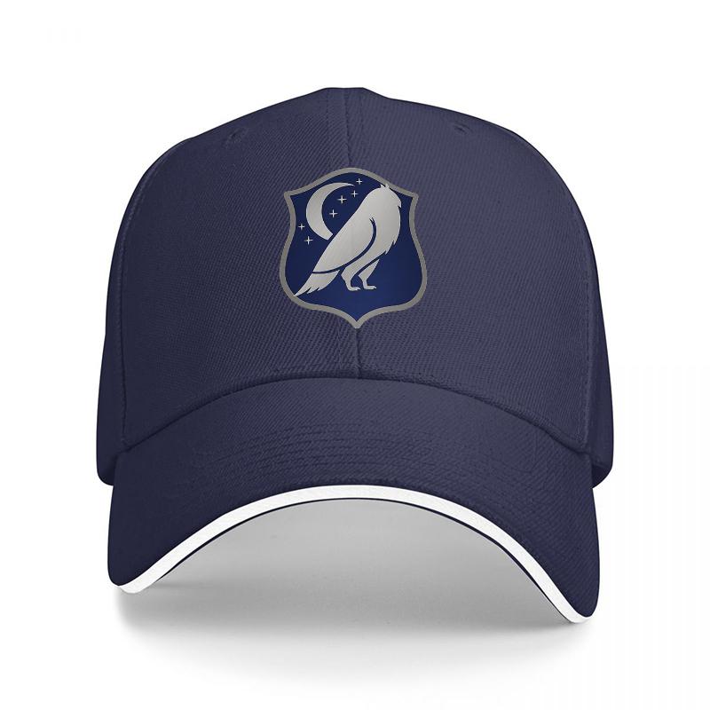 Night Owl Shield Logo Baseball Cap Black with White Trim and Blue Crest Design for Unisex and Women Casual Streetwear Hat