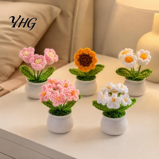 Crochet Flower Decor Handmade Potted Decoration, Knit Artificial Sunflower Desktop Handwoven Woolen Flowers Decor, Gift for Women, Mom, Teacher,