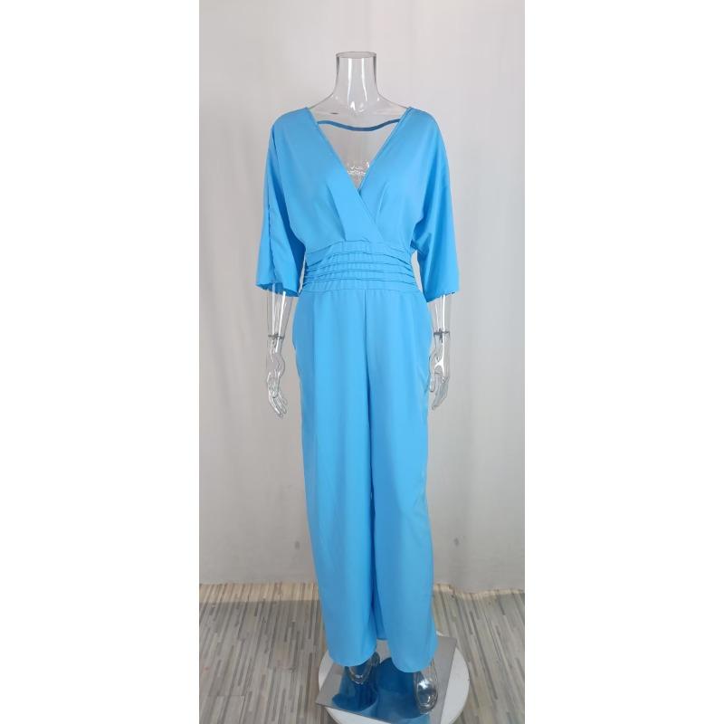 Летнее элегантное платье, женская мода, однотонный повседневный комбинезон с короткими рукавами и v-образным вырезом