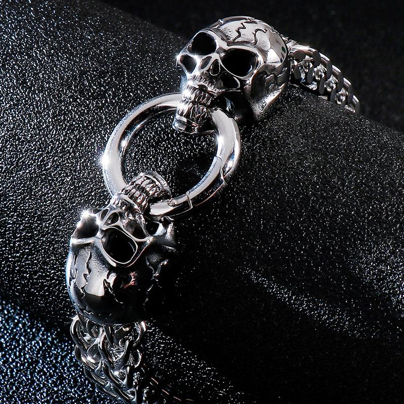 Gothic Double Skull Man Bracelet for Men In Stainless Steel Link Chain Men's Charm Bracelets Steampunk Skeleton Jewellery Guests Gifts