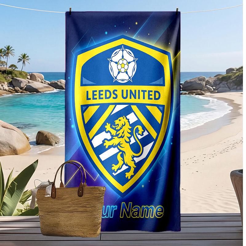 Персонализированное пляжное полотенце Leeds United с принтом, логотип футбольного клуба, поддержка, индивидуальное имя, текст, впитывающее полотенце для спорта, путешествий, особый подарок