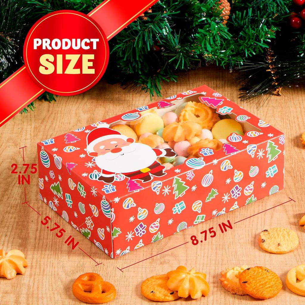 JOYFY 24 PCS Christmas Foil Treats Cookie Gift Boxes Colorful Pattern Bakery Box with Window for Xmas Holiday Birthday Party