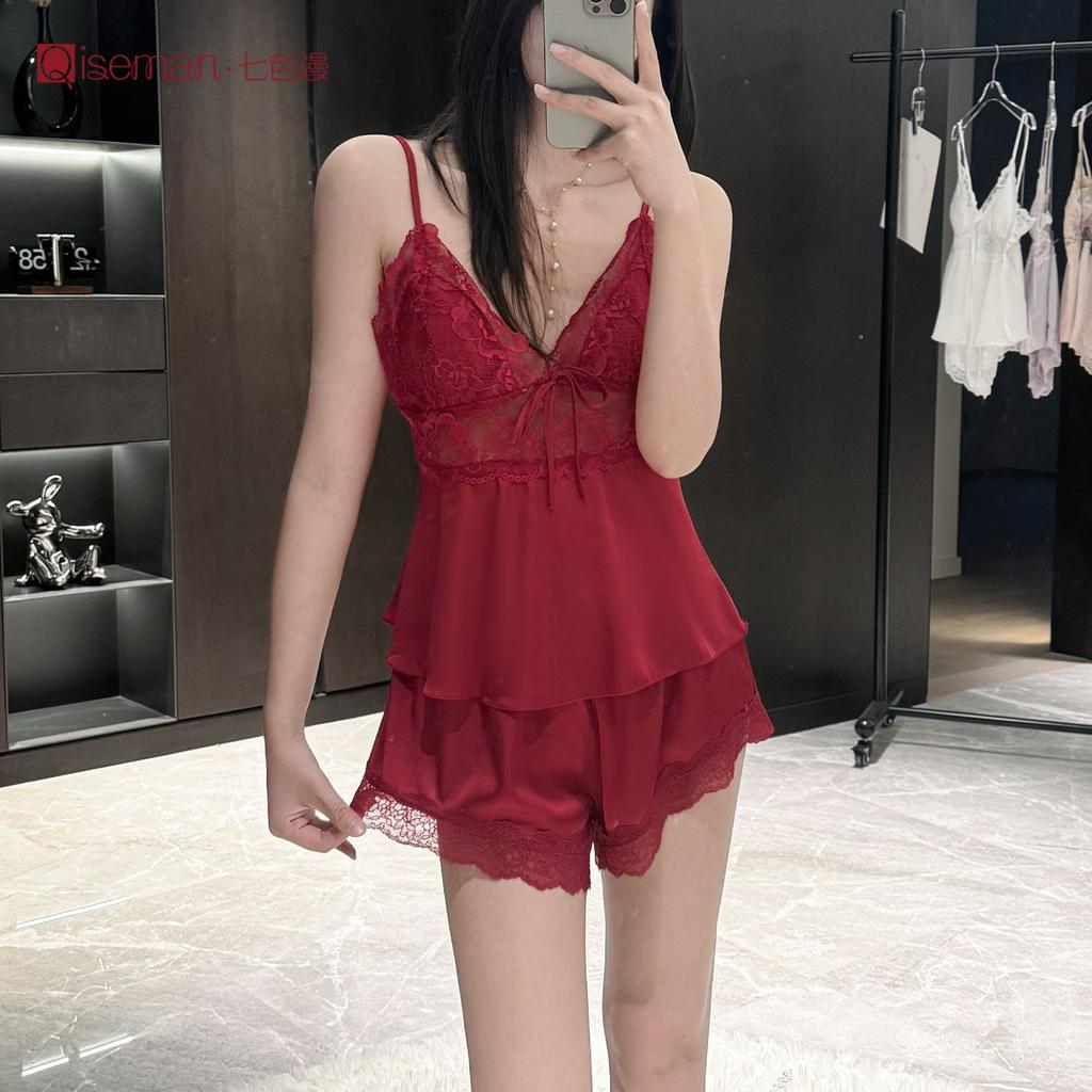 Sexy hollow lace suspender shorts pajama set with chest pad ice silk satin loungewear private room pajamas women's summer