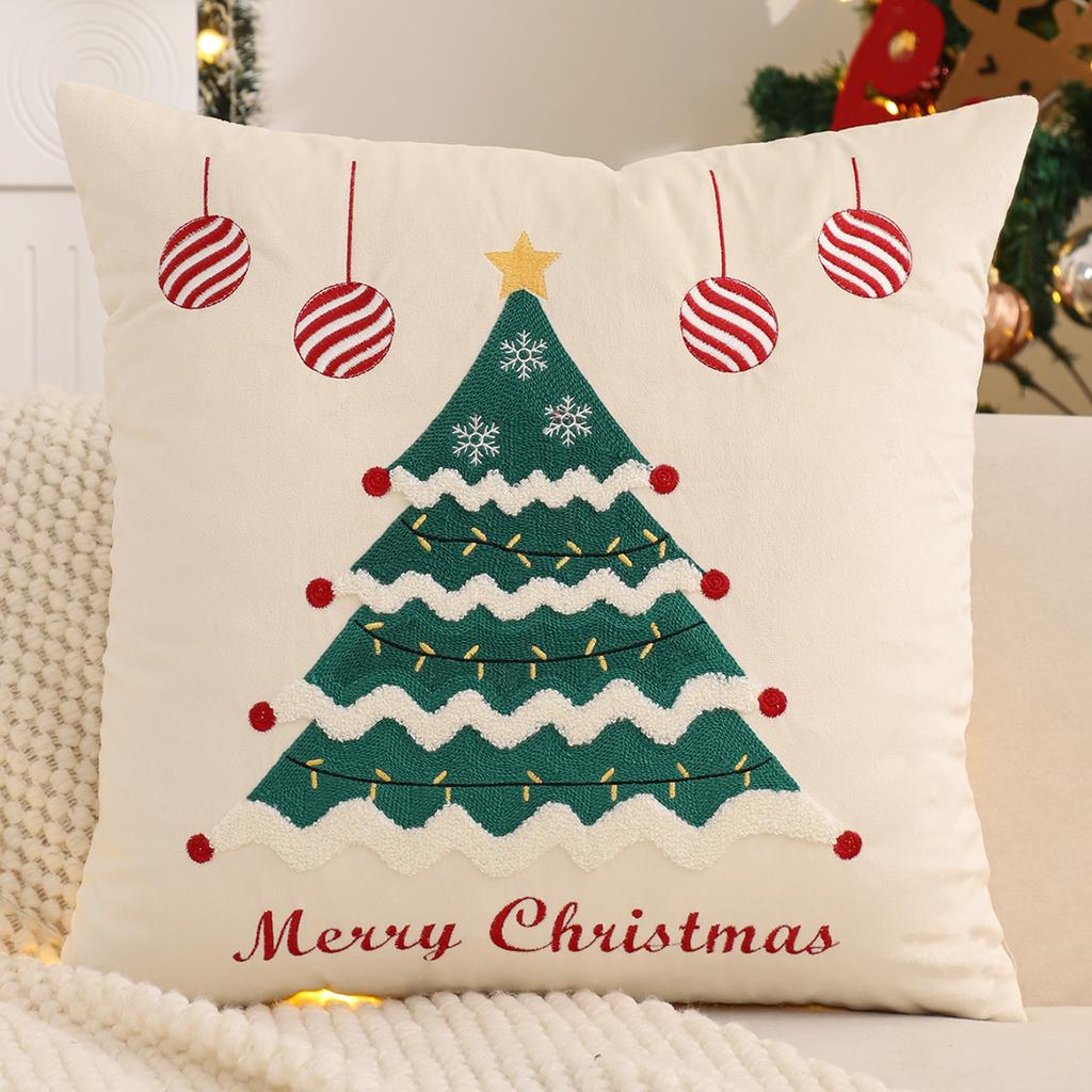 Embroidery Throw Pillow Cover Christmas Decoration Velvet Soft Christmas Tree Bell Joy Winter Farmhouse Home Sofa Living Room