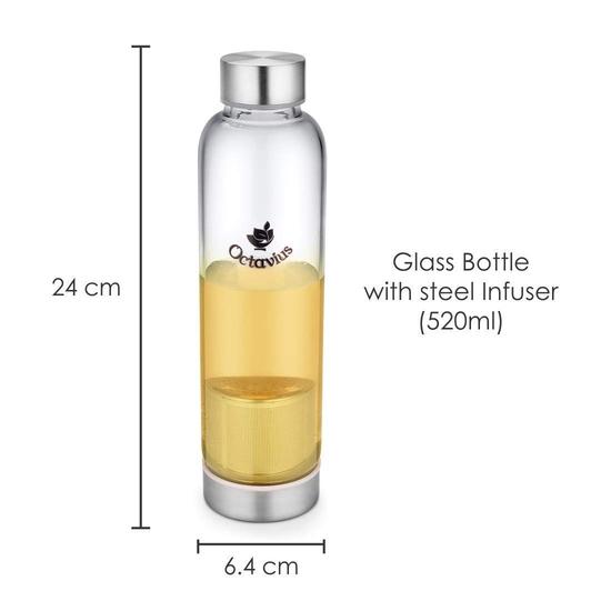 Октавиус | Бутылка из боросиликатного стекла | Бутылка для зеленого чая с инфузором - 520 мл | Стеклянная бутылка для воды с инфузором | Ситечко для заваривания чая (520 МЛ)