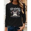 Adorable Feline Graphic Tee, Perfect for Women, Suitable for Casual Outings, Vacations, Featuring Long Sleeves And a Round Neckline