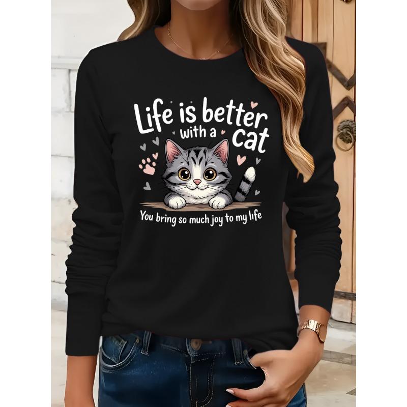 Adorable Feline Graphic Tee, Perfect for Women, Suitable for Casual Outings, Vacations, Featuring Long Sleeves And a Round Neckline