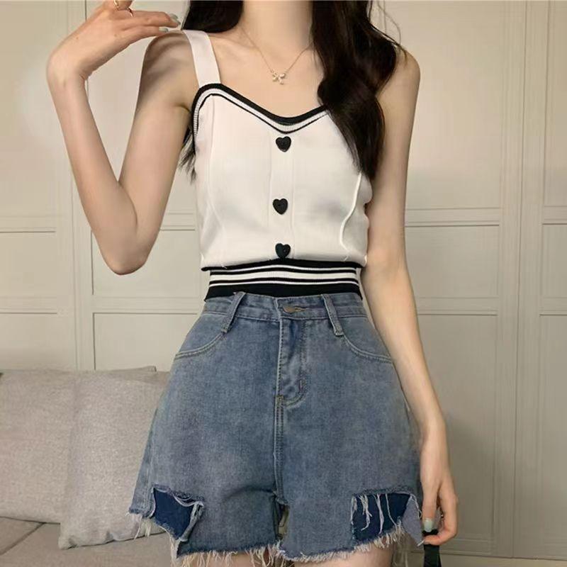 Новый летний повседневный и универсальный вязаный жилет на подтяжках для женщин, сексуальные сладкие и пикантные короткие топы для женщин