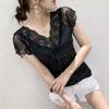 Элегантная женская блузка с блестками и v-образным вырезом, лето 2023, сексуальные кружевные марлевые лоскутные топы с короткими рукавами, тонкая черная футболка 14652