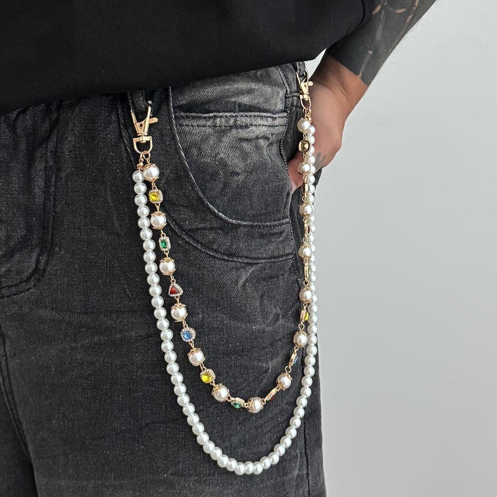 Ingemark Hip Hop Imitation Pearl Colorful Rhinestone Jeans Pants Chain Men Trend Creative Metal Pendant Bag Chain Couple Jewelry