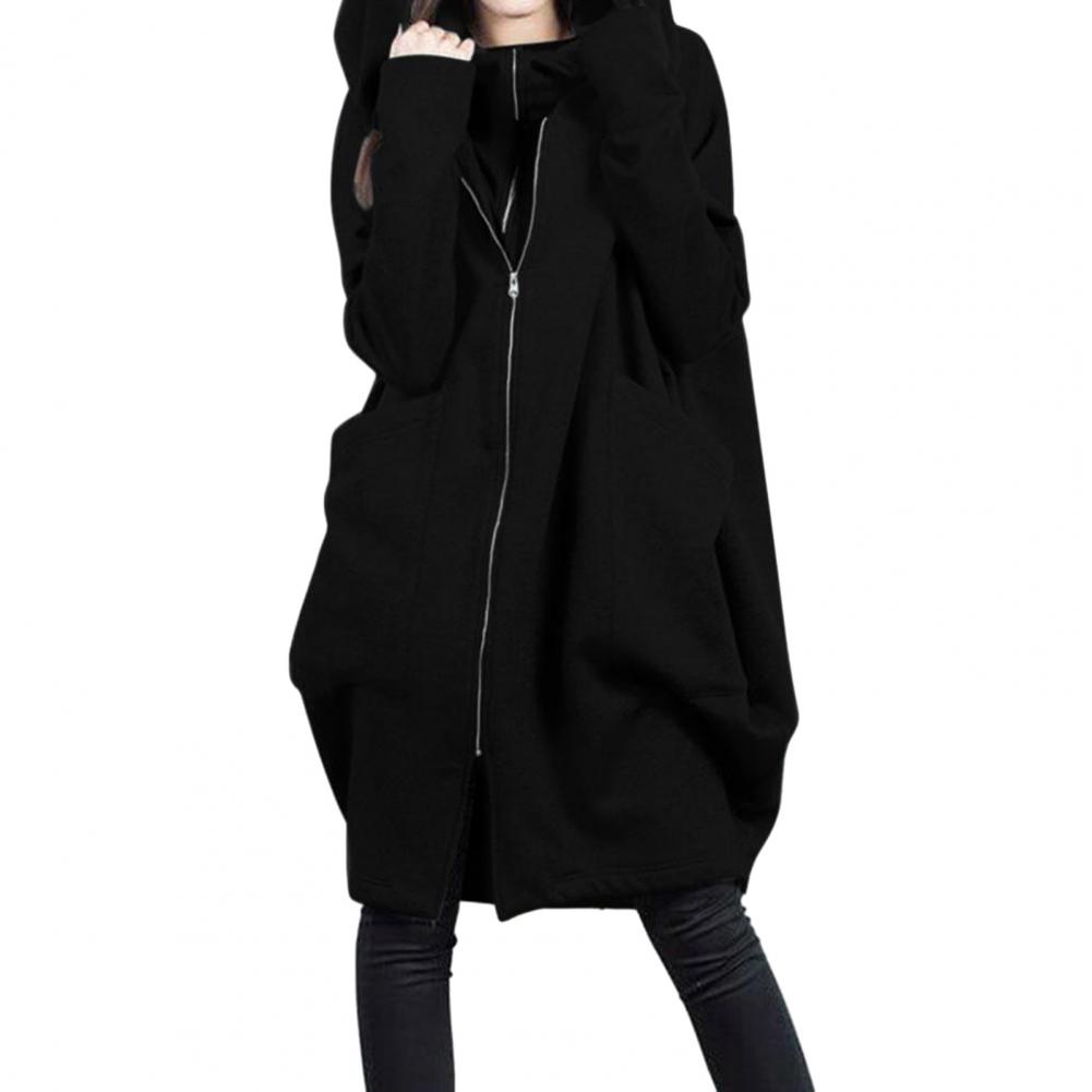 Women Hooded Long Sleeve Sweatshirt Coat Zipper Placket Big Pockets Fake Two Pieces Solid Color Mid-length Hoodie Jacket
