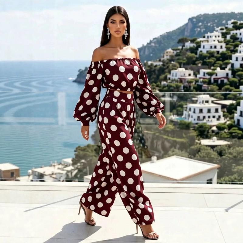 2026 Womens Polka Dot Off Shoulder Long Sleeve Top Wide Leg Pants Set Streetwear
