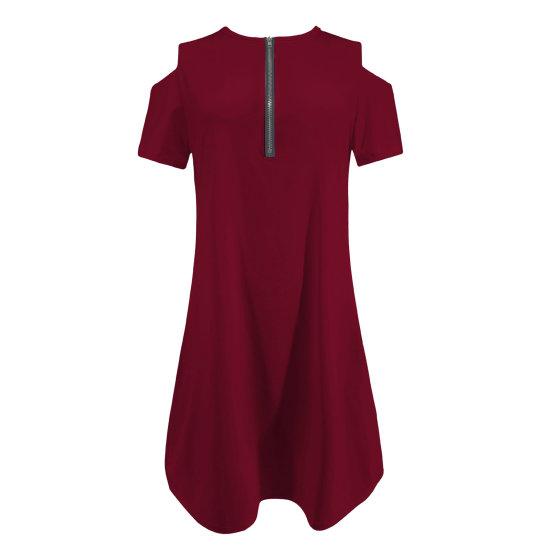 Мини-платье с круглым вырезом и застежкой-молнией с половиной планок, с коротким рукавом, свободного кроя, однотонное короткое платье с открытыми плечами, уличная одежда